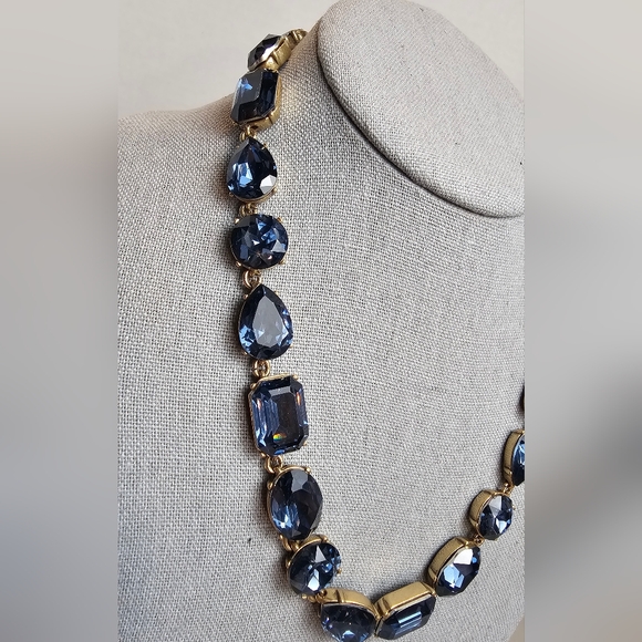 [J. Crew] Blue Crystal Multi Shaped Riviere Gold Toned Statement Necklace - Picture 3 of 16